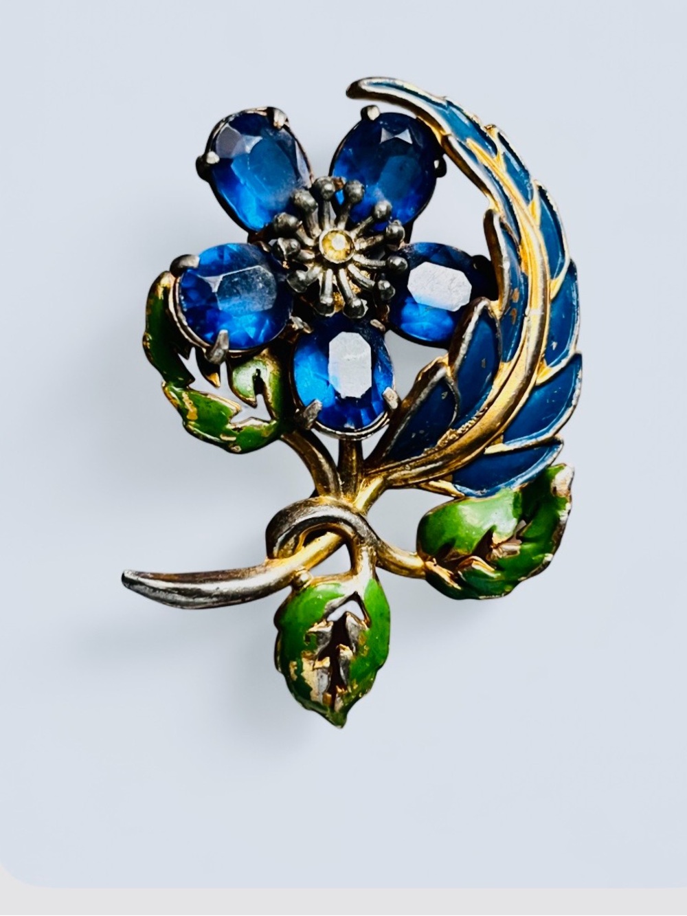 Vintage 1940’s-1960’s Blue Floral Enamel Brass Brooch